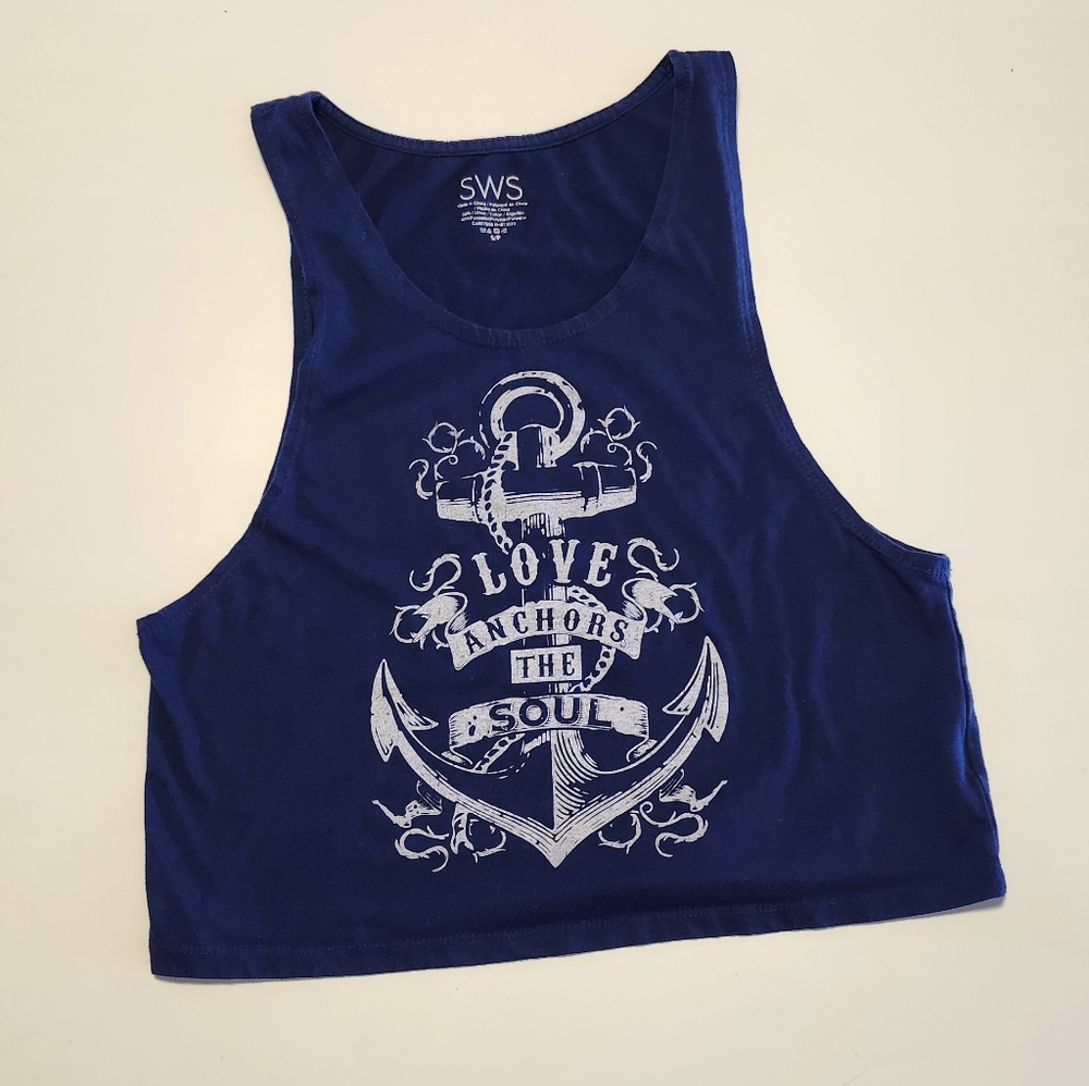 Navy Blue Anchor Graphic Crop Top